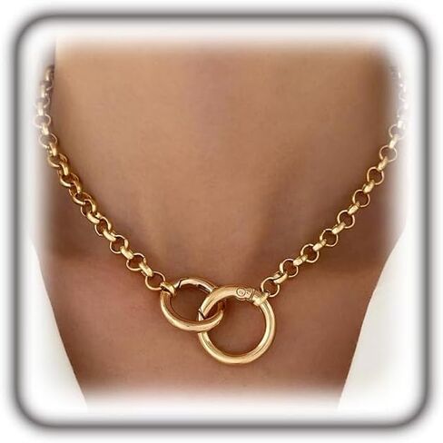 Gold Big Circle Charm Necklace for Women,Simple Chain Link Interlocking Circle Choker Necklace,Trendy Chunky Statement Jewelry Accessories in Saudi Arabia