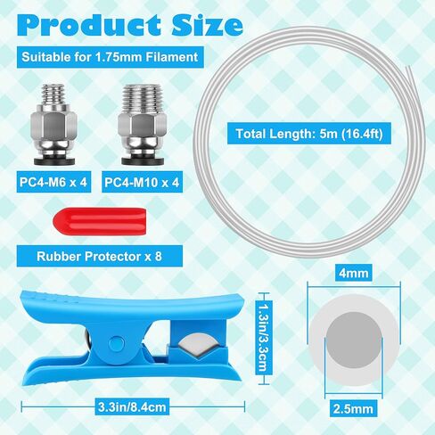 أنبوب PTFE بطول 5 متر (16.4 قدم) لخيوط 1.75 مم، أنبوب Anglecai Bambu 2.5 مم معرف × 4 مم OD مع قاطع/8 موصل/8 واقي مطاطي لـ BBL AMS X1/ X1C/ P1P/ P1S/ A1/ A1 Mini، Prusa MMU3/ Direct Drive Extruder in Kuwait