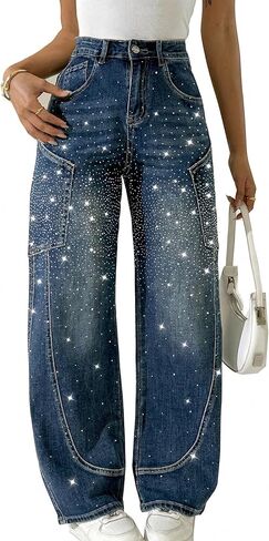 heipeiwa Women's Rhinestone Barrel Jeans Wide Leg Baggy Denim Pants Sparkle Shiny Glitter Boyfriend Jean Outfit in Saudi Arabia