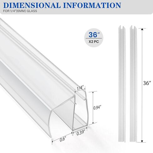 Bathroom Framless Shower Glass Door Bottom Seal Strip, 2PCS 36 Inch Long PVC Clear Seal Strips for 1/4"(6MM) Glass Door, to Stop Water Leakage in Kuwait