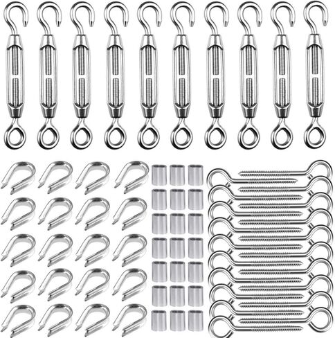 TooTaci M5 Turnbuckle Kit, Stainless Steel Turnbuckles for Cables Wire 1/8, 90pcs Wire Tensioner Kit for Wood Post of 1/8 Cable Railing, String Lights Hanging, with Eye Hook, Sleeves, Thimbles in Kuwait
