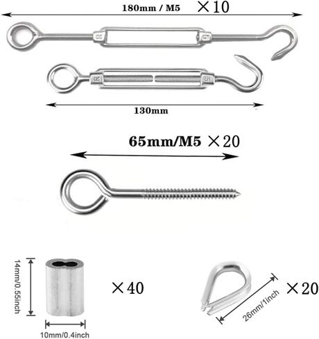 TooTaci M5 Turnbuckle Kit, Stainless Steel Turnbuckles for Cables Wire 1/8, 90pcs Wire Tensioner Kit for Wood Post of 1/8 Cable Railing, String Lights Hanging, with Eye Hook, Sleeves, Thimbles in Kuwait