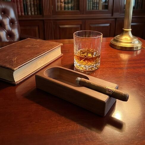 Natural Bamboo Cigar Ashtray with Single Slot Holder - Solid Wood Cigar Accessories for Men - Outdoor Ashtray for Patio & Indoor Vintage Home Decor - Unique Cigar Gift in Kuwait