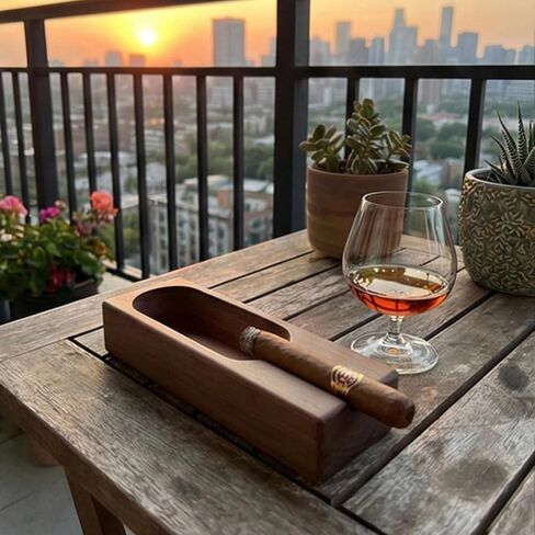 Natural Bamboo Cigar Ashtray with Single Slot Holder - Solid Wood Cigar Accessories for Men - Outdoor Ashtray for Patio & Indoor Vintage Home Decor - Unique Cigar Gift in Kuwait