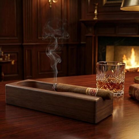 Natural Bamboo Cigar Ashtray with Single Slot Holder - Solid Wood Cigar Accessories for Men - Outdoor Ashtray for Patio & Indoor Vintage Home Decor - Unique Cigar Gift in Kuwait