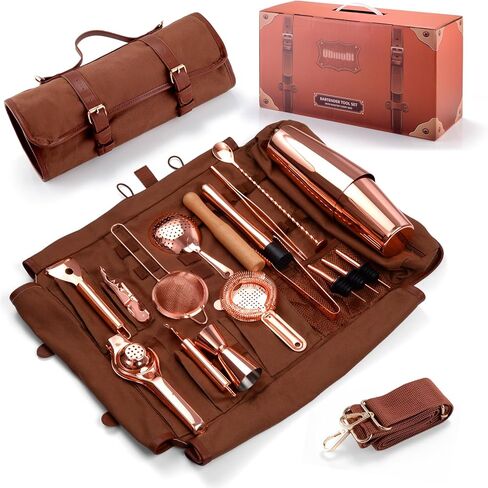 Bartender Kit Bag, 17-Piece Copper Bar Tool Set Cocktail Shaker Set with All Practical Bar Accessories, Portable Travel Cocktail Set with Shoulder Strap for Bartenders, Parties, Camping Trips in Kuwait