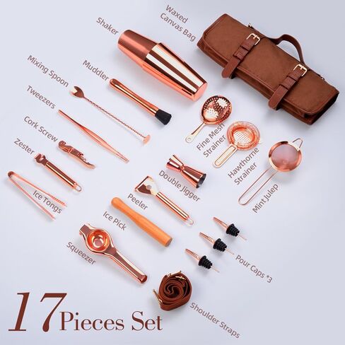 Bartender Kit Bag, 17-Piece Copper Bar Tool Set Cocktail Shaker Set with All Practical Bar Accessories, Portable Travel Cocktail Set with Shoulder Strap for Bartenders, Parties, Camping Trips in Kuwait