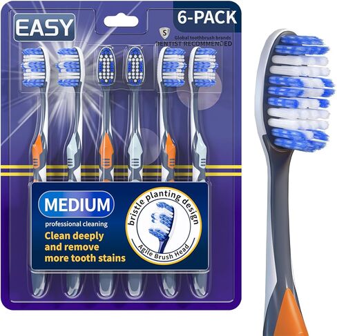 Medium Toothbrushes for Adults with Tongue Cleaner, Utilizing whitening Spiral Wave Brush bristles, it Effectively Cleans Coffee, Tea, and Smoke Stains, Gentle Rounded Tips（6 Pack） in Kuwait