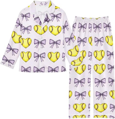 Satin Pajama Sets Short Sleeve Volleyball Balls with Blue Bows Button Down Silky Nightwear 2 Piece PJS 5-14Y in Saudi Arabia
