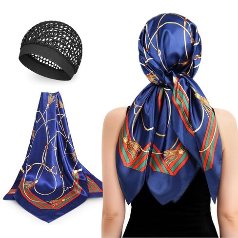 Hair Net for Silk Press with Satin Scarf, Wrap Cap Hair Net and Scarf Set, Silk Hair Wrap for Sleeping, Multi-Styling Head Scarf for Women in Saudi Arabia