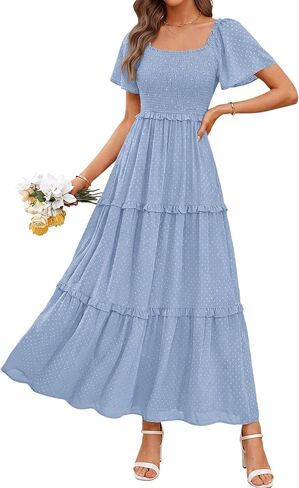 PRETTYGARDEN Summer Dresses for Women 2026 Boho Swiss Dot Smocked Square Neck Short Sleeve Spring Wedding Guest Maxi Dress in Saudi Arabia