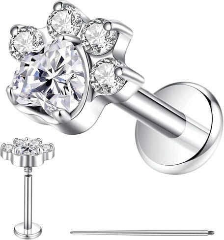 G23 Titanium Cat Dog Paw Flat Back Cartilage Stud Earrings with CZ - 16G 8mm Internally Threaded Helix Tragus Labret Lip Piercing Jewelry - Hypoallergenic for Women Single Piece in Saudi Arabia