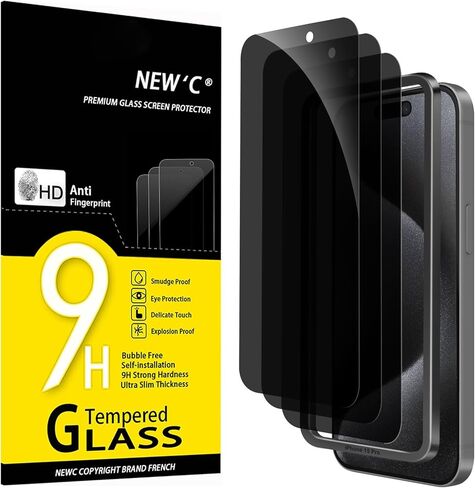 New'c 3 Pack Prix Privacy Screen Protector for iPhone 15 Pro (6.1 inches) ، و anti anti spist plass movie ، asson flowers ultra resistant ، زاوية خصوصية 28 درجة متوازنة-أداة تثبيت سهلة المشمولة in Kuwait