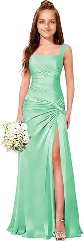MRHUSH Junior Bridesmaid Dresses Sqaure Neck Flower Girl Dress Asymmetrical Drop Waist Satin Formal Dress Prom Gown with Slit in Saudi Arabia