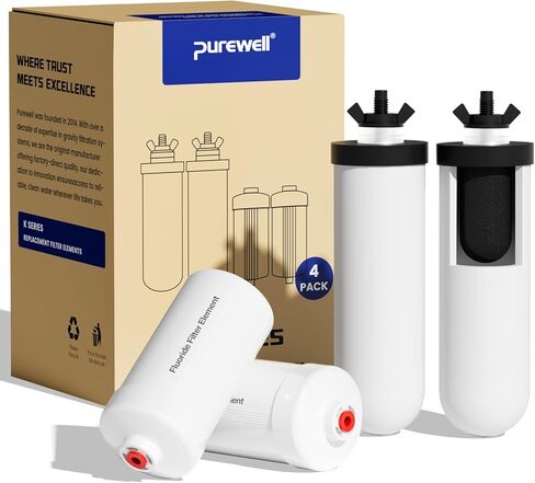 مجموعة عناصر تنقية Purewell PF-4&FL-2 ذات 8 مراحل، تقلل الكلور والفلورايد، قابلة للغسل وإعادة الاستخدام، بديلة لمرشحات ProOne®، وBerkey®، وPurewell® وأنظمة تصفية المياه (4 عبوات، سلسلة K) in Kuwait