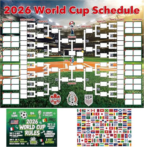 ملصق جدول كأس العالم 2026، مخطط حائط كبير لبطولة كرة القدم مقاس 40 بوصة × 30 بوصة مع 144 ملصق علم، لعبة توقع DIY، ملصق مخطط حائط لهدية مشجعي كرة القدم، المنزل والمكتب والبار، ديكورات حفلات كرة القدم in Kuwait