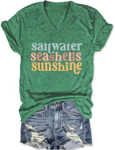 Saltwater Seashells Sunshine Shirt Vacation Tops for Women Girls Trip T Shirts Short Sleeve V Neck Graphic Tees in Saudi Arabia