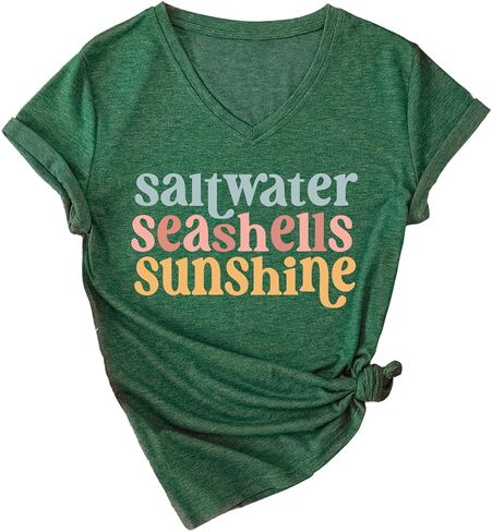 Saltwater Seashells Sunshine Shirt Vacation Tops for Women Girls Trip T Shirts Short Sleeve V Neck Graphic Tees in Saudi Arabia