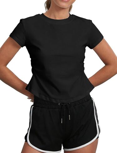 Womens Side Ruching Cropped T Shirts Short Sleeve Crewneck Fitted Top Set Gym Workouts Yoga Casual Tee in Saudi Arabia
