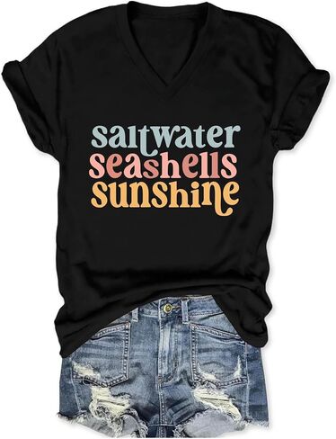 Saltwater Seashells Sunshine Shirt Vacation Tops for Women Girls Trip T Shirts Short Sleeve V Neck Graphic Tees in Saudi Arabia