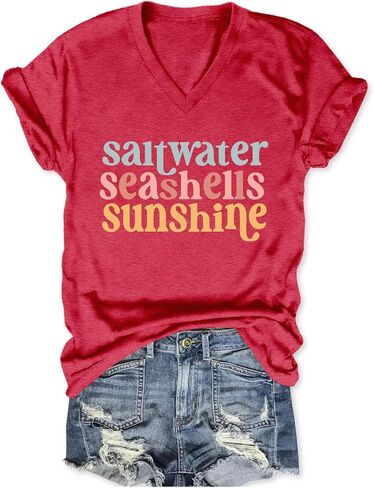 Saltwater Seashells Sunshine Shirt Vacation Tops for Women Girls Trip T Shirts Short Sleeve V Neck Graphic Tees in Saudi Arabia