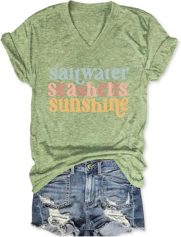 Saltwater Seashells Sunshine Shirt Vacation Tops for Women Girls Trip T Shirts Short Sleeve V Neck Graphic Tees in Saudi Arabia