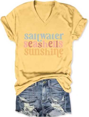 Saltwater Seashells Sunshine Shirt Vacation Tops for Women Girls Trip T Shirts Short Sleeve V Neck Graphic Tees in Saudi Arabia