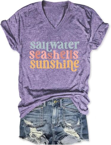 Saltwater Seashells Sunshine Shirt Vacation Tops for Women Girls Trip T Shirts Short Sleeve V Neck Graphic Tees in Saudi Arabia