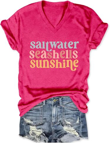 Saltwater Seashells Sunshine Shirt Vacation Tops for Women Girls Trip T Shirts Short Sleeve V Neck Graphic Tees in Saudi Arabia