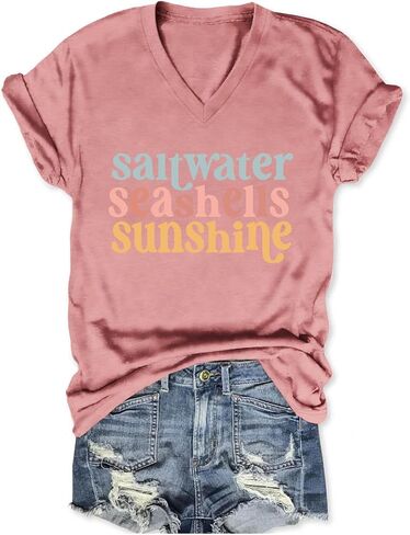 Saltwater Seashells Sunshine Shirt Vacation Tops for Women Girls Trip T Shirts Short Sleeve V Neck Graphic Tees in Saudi Arabia