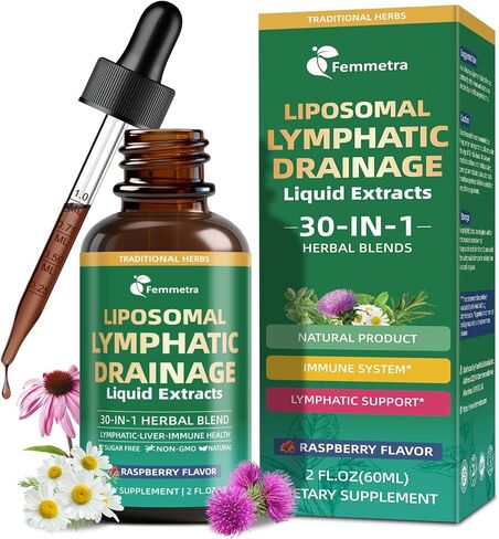 Liposomal Lymphatic Drainage Supplements with 30-in-1 Herbal Blend - Echinacea | Oregano | Milk Thistle - Sugar Free Lymph System Drops - Immune Support, Cleanse & Detox, Raspberry Flavor, 2 fl oz in Kuwait