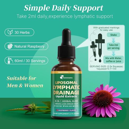 Liposomal Lymphatic Drainage Supplements with 30-in-1 Herbal Blend - Echinacea | Oregano | Milk Thistle - Sugar Free Lymph System Drops - Immune Support, Cleanse & Detox, Raspberry Flavor, 2 fl oz in Kuwait