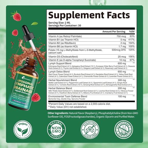 Liposomal Lymphatic Drainage Supplements with 30-in-1 Herbal Blend - Echinacea | Oregano | Milk Thistle - Sugar Free Lymph System Drops - Immune Support, Cleanse & Detox, Raspberry Flavor, 2 fl oz in Kuwait