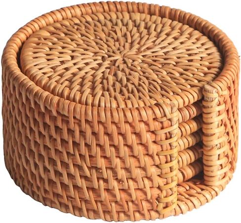 1 Set Hand-Woven Drink Coasters with Holder Round Decor Placemat Rattan Coaster Teacup Coaster Mat Table Mat for Tea Coffee Beer in Kuwait