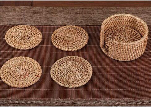 1 Set Hand-Woven Drink Coasters with Holder Round Decor Placemat Rattan Coaster Teacup Coaster Mat Table Mat for Tea Coffee Beer in Kuwait