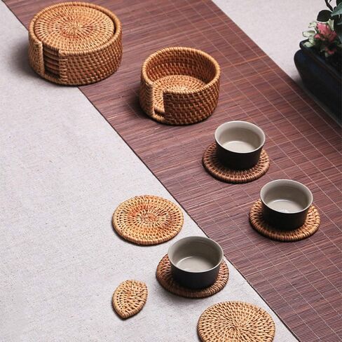 1 Set Hand-Woven Drink Coasters with Holder Round Decor Placemat Rattan Coaster Teacup Coaster Mat Table Mat for Tea Coffee Beer in Kuwait
