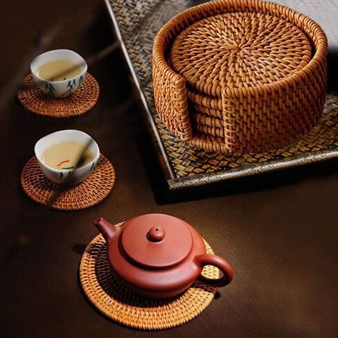 1 Set Hand-Woven Drink Coasters with Holder Round Decor Placemat Rattan Coaster Teacup Coaster Mat Table Mat for Tea Coffee Beer in Kuwait