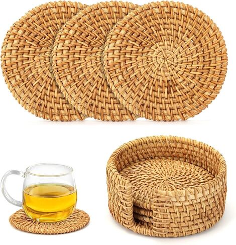 1 Set Hand-Woven Drink Coasters with Holder Round Decor Placemat Rattan Coaster Teacup Coaster Mat Table Mat for Tea Coffee Beer in Kuwait