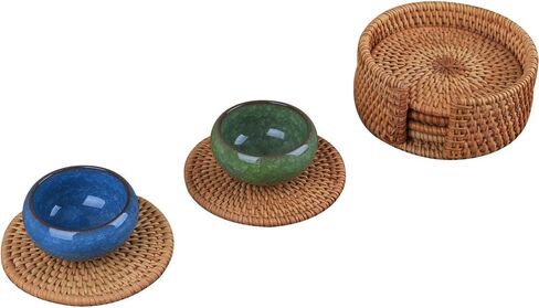 1 Set Hand-Woven Drink Coasters with Holder Round Decor Placemat Rattan Coaster Teacup Coaster Mat Table Mat for Tea Coffee Beer in Kuwait