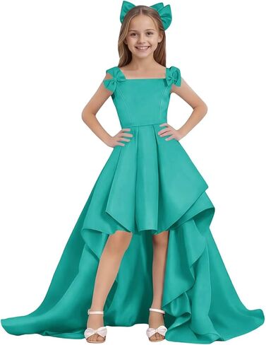 High Low Flower Girl Dresses with Bow Satin Formal Princess Pageant Party Gown for Wedding in Saudi Arabia
