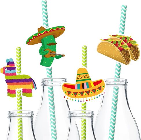 Fancy Land 32Pcs Fiesta Party Supplies Straw Set Cinco de Mayo Taco Party Decorations Drinking Straws Mexican Luau Photo Props in Kuwait