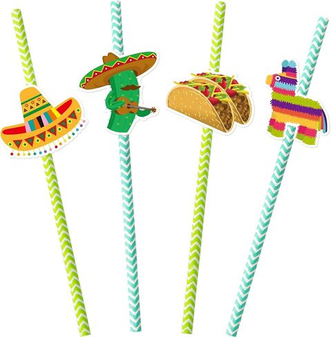 Fancy Land 32Pcs Fiesta Party Supplies Straw Set Cinco de Mayo Taco Party Decorations Drinking Straws Mexican Luau Photo Props in Kuwait