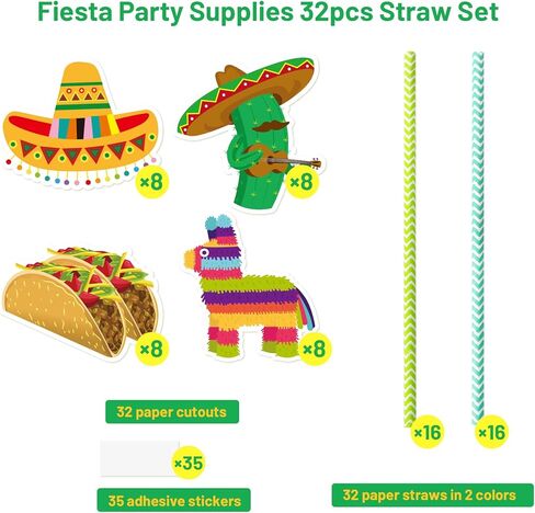 Fancy Land 32Pcs Fiesta Party Supplies Straw Set Cinco de Mayo Taco Party Decorations Drinking Straws Mexican Luau Photo Props in Kuwait