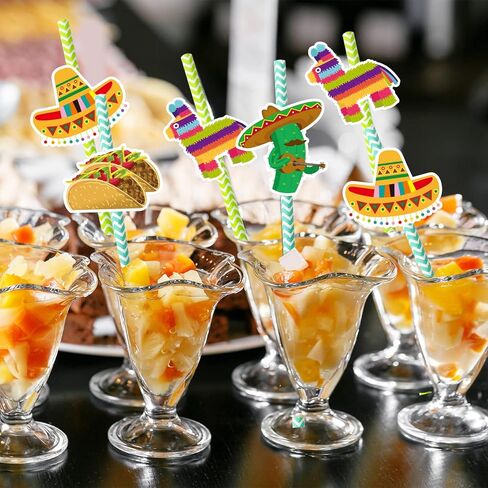 Fancy Land 32Pcs Fiesta Party Supplies Straw Set Cinco de Mayo Taco Party Decorations Drinking Straws Mexican Luau Photo Props in Kuwait
