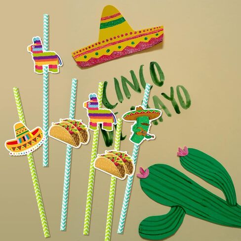 Fancy Land 32Pcs Fiesta Party Supplies Straw Set Cinco de Mayo Taco Party Decorations Drinking Straws Mexican Luau Photo Props in Kuwait