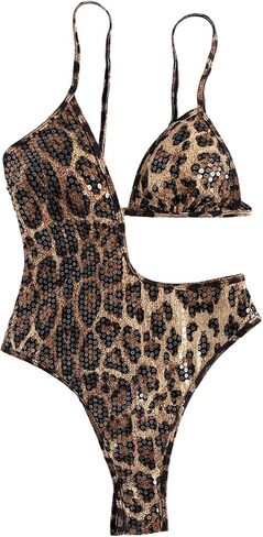Floerns Women's Cheetah One Piece Swimsuit Cut Out Sequin Y2k Monokini Bathing Suit in Saudi Arabia