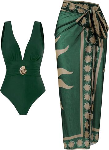Floerns Women's V Neck One Piece Swimsuit Tummy Control Bathing Suit with Beach Cover Up Skirt in Kuwait