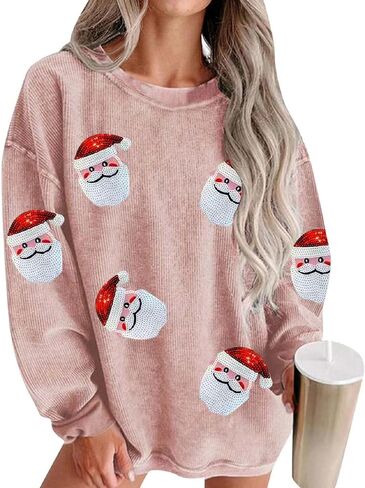 Aonoapll Women Sequin Christmas Sweatshirt Sparkly Santa Xmas Tree Shirt Long Sleeve Crew Neck Oversized Pullover Top in Saudi Arabia