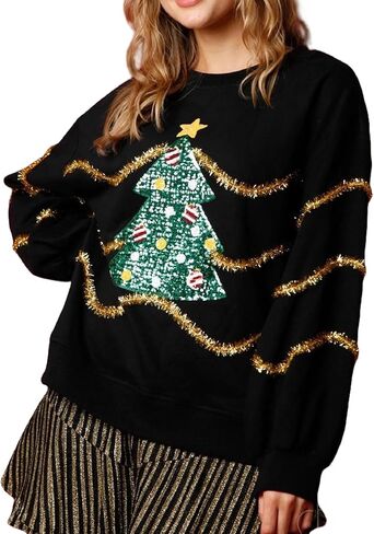 Aonoapll Women Sequin Christmas Sweatshirt Sparkly Santa Xmas Tree Shirt Long Sleeve Crew Neck Oversized Pullover Top in Saudi Arabia