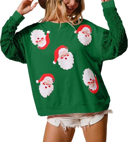 Aonoapll Women Sequin Christmas Sweatshirt Sparkly Santa Xmas Tree Shirt Long Sleeve Crew Neck Oversized Pullover Top in Saudi Arabia